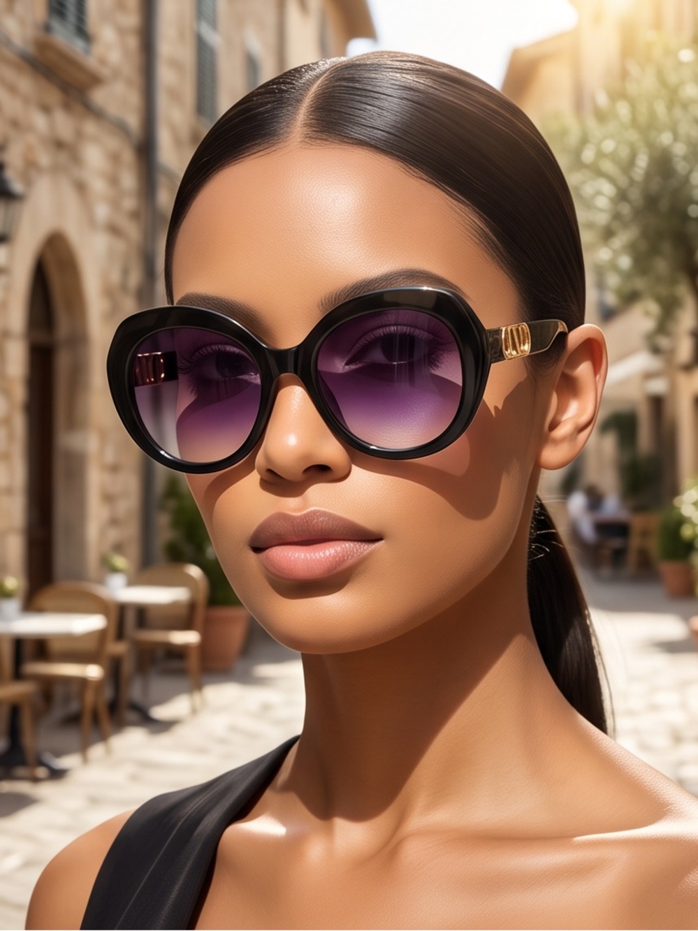 Oversized Round Cat-Eye Sunglasses – Black with Gold LD Logo